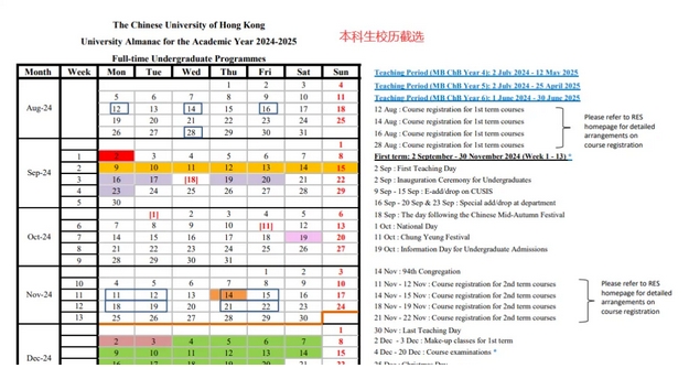 香港高校2024/2025年新校历