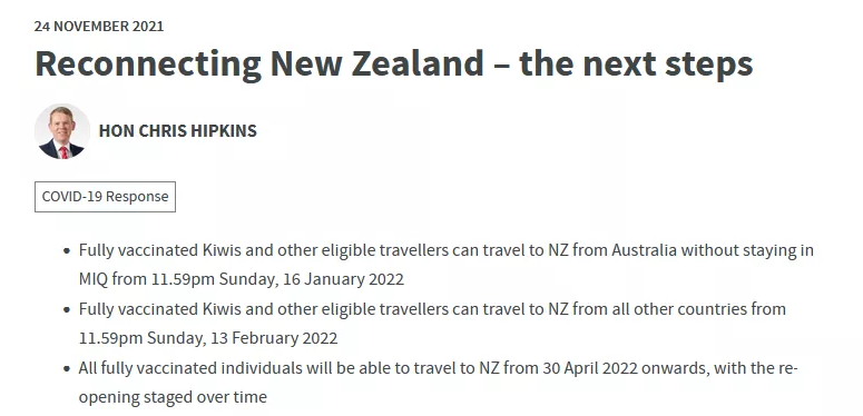 新西兰从2022年1月份起，分阶段开放边境！
