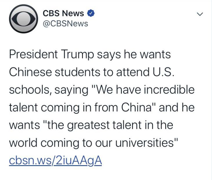 留学要闻|美国特朗普总统表示欢迎中国留学生！