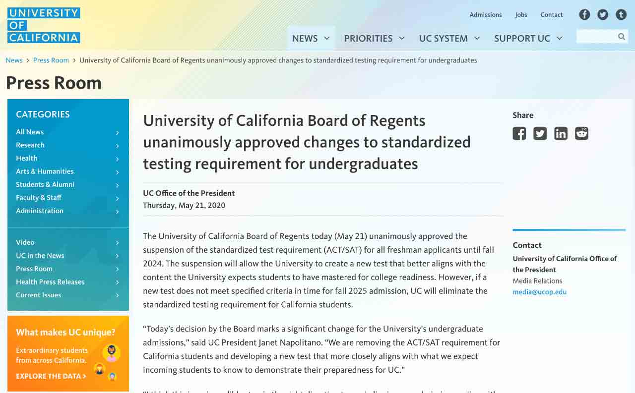 加州大学宣布将逐步停止使用SATACT！