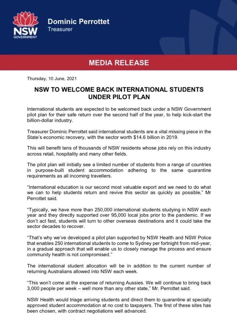 留学生返澳细节官宣！新南威尔士州高校同步更新返澳事宜！