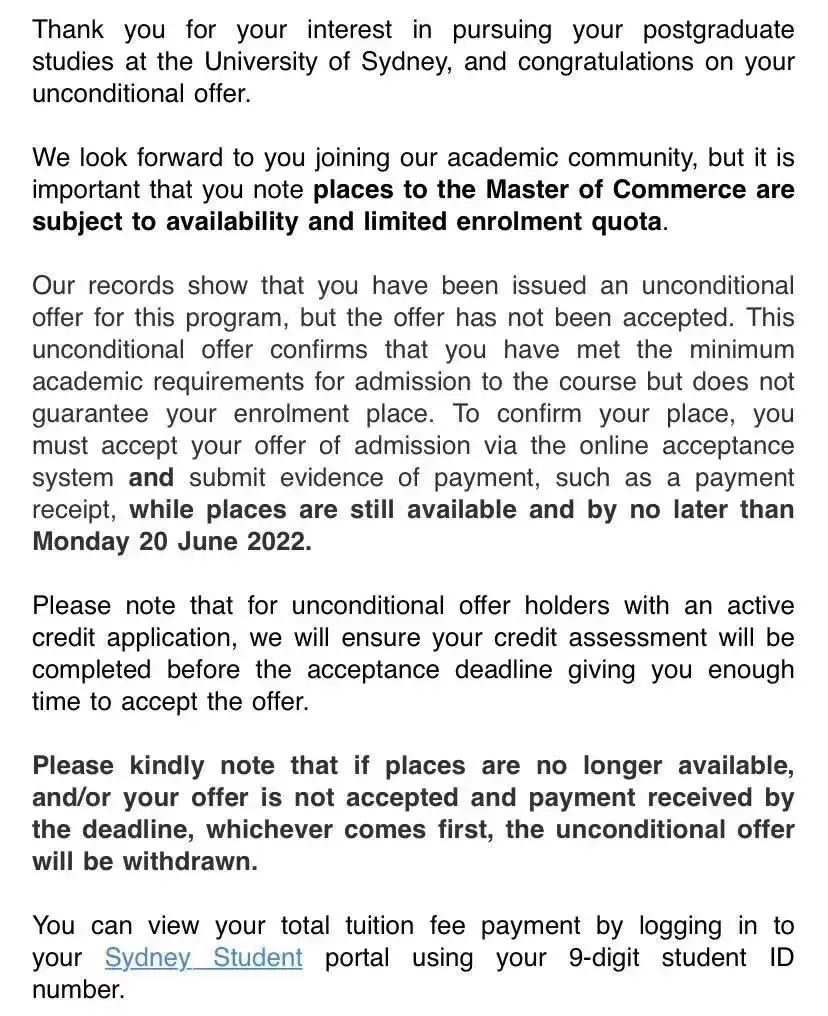 【注意】悉尼大学交学费提醒，多个专业不交学费撤offer！