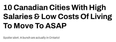 【揭秘】加拿大的这10个城市工资高且生活成本低哦！