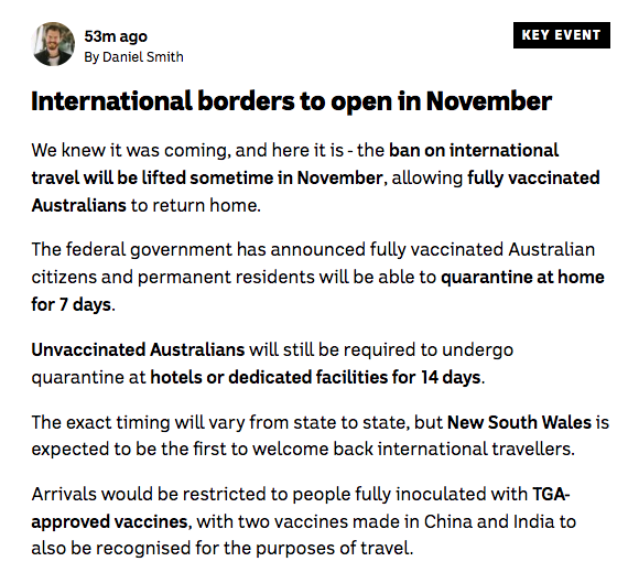澳洲政府官宣认可中国科兴疫苗，11月开放边境！