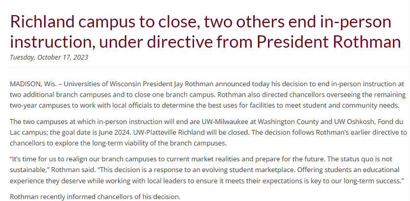 美国威斯康星大学关闭校区！