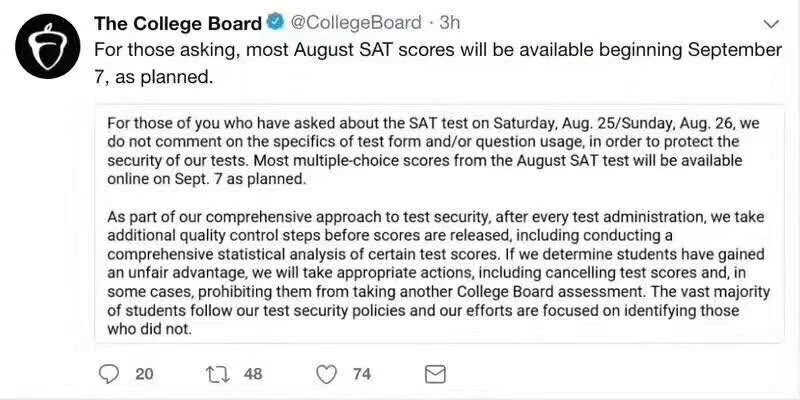 CB官方：8月SAT考试成绩照常公布