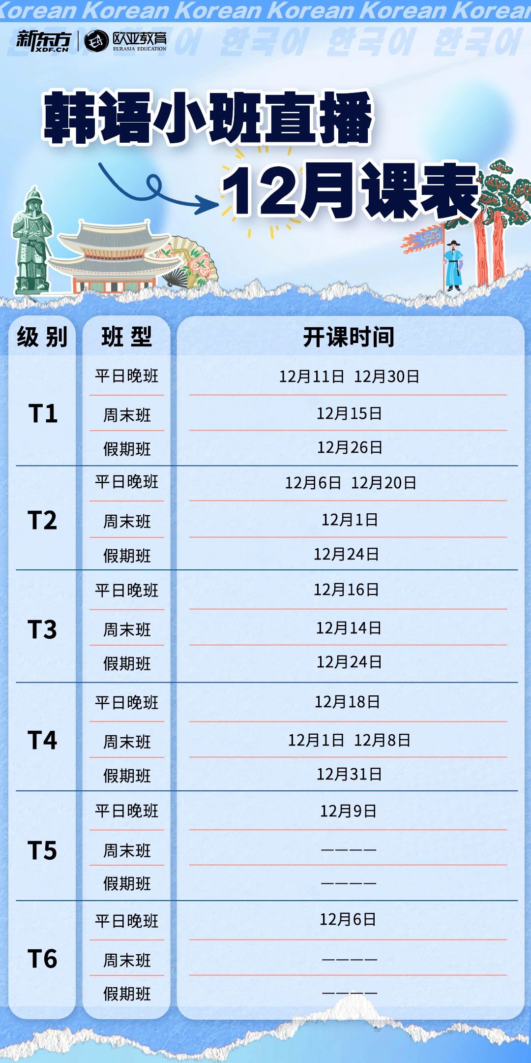 【小语种】12月新东方韩语线上直播小班课表来啦！