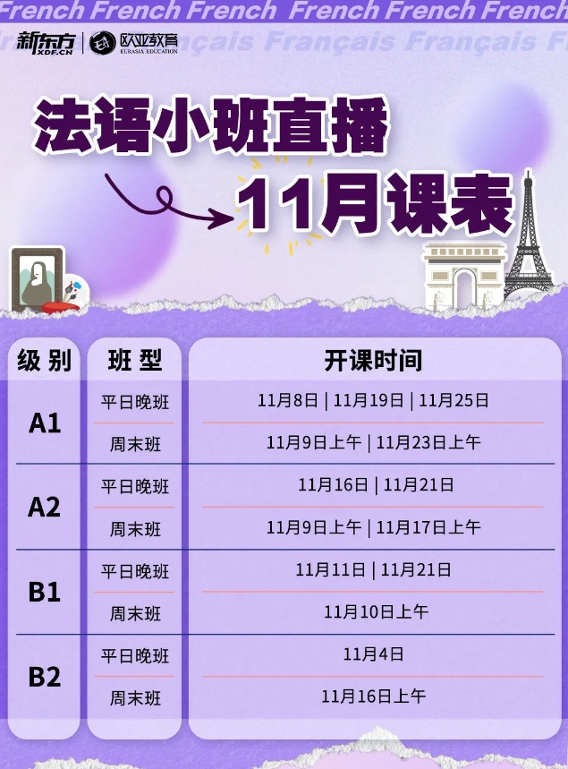 【小语种】法语、意大利语、西班牙语11月新东方线上直播小班课表来啦！