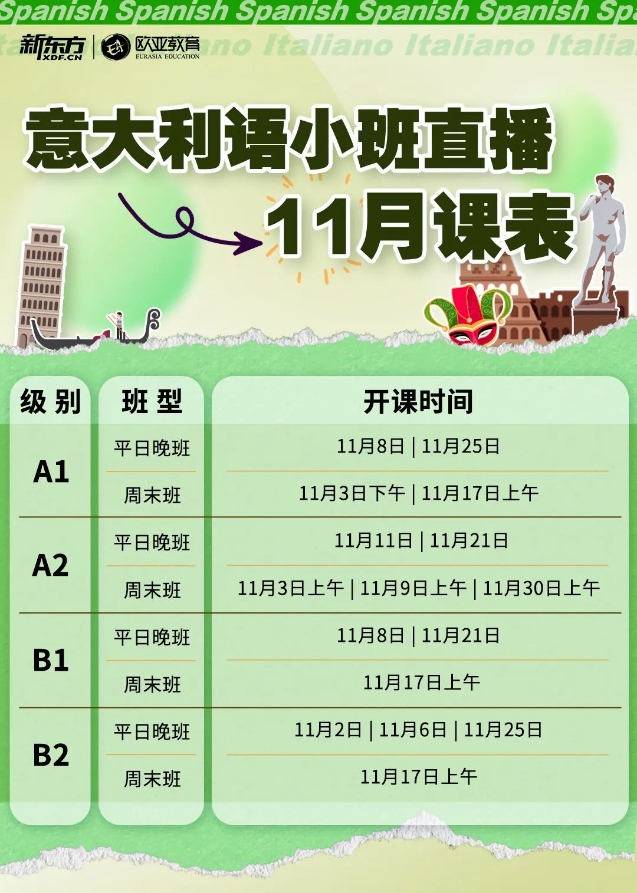 【小语种】法语、意大利语、西班牙语11月新东方线上直播小班课表来啦！