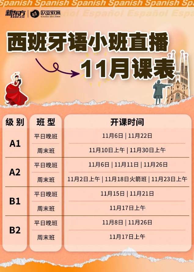 【小语种】法语、意大利语、西班牙语11月新东方线上直播小班课表来啦！