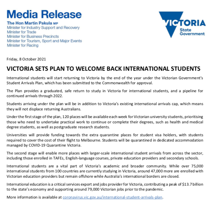 澳洲明年将增数万留学生返澳名额，维州提交留学生返澳计划！