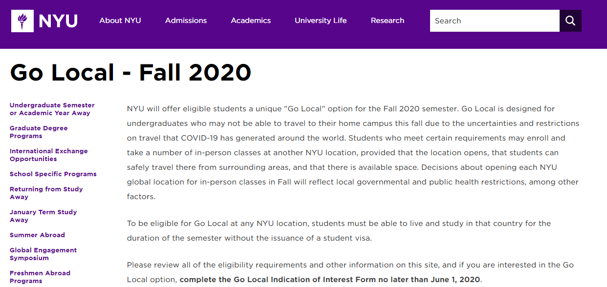 美国多所大学计划秋季开学NYU国际生可申请"Go Local"!