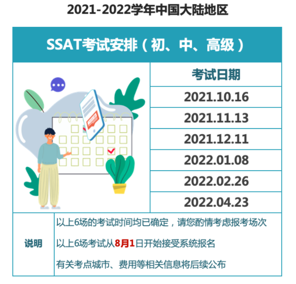 2021-2022学年，SSAT中国大陆地区考试时间公布！
