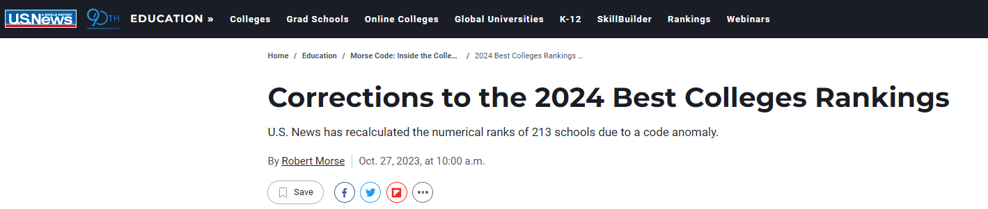 【排名】大乌龙事件！U.S.News213所美国大学排位出现错误！