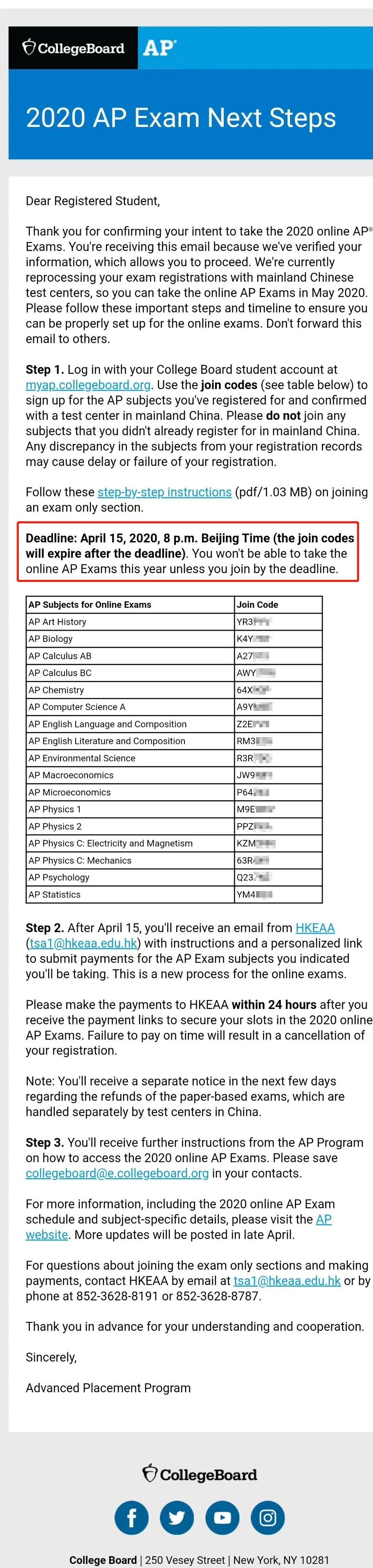 CB官方:中国大陆AP考生需在4月15日前激活考试资格！