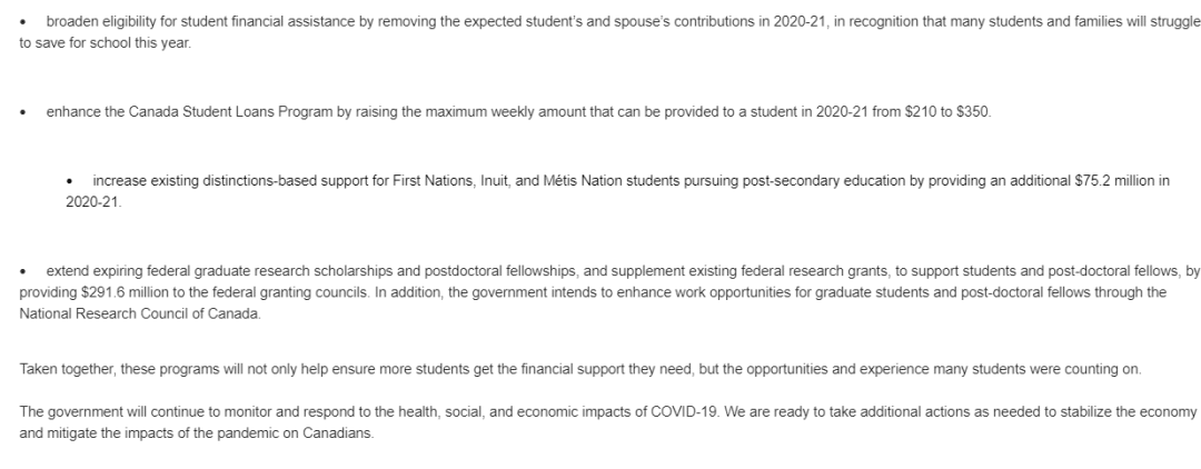 加拿大政府宣布新的学生资助计划和促就业方案