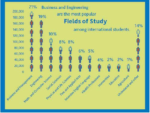 国际学生最钟爱的专业是商科和工程，40%的学生选择