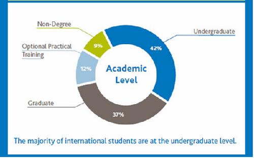 国际学生本科学习人数42%， 研究生37%