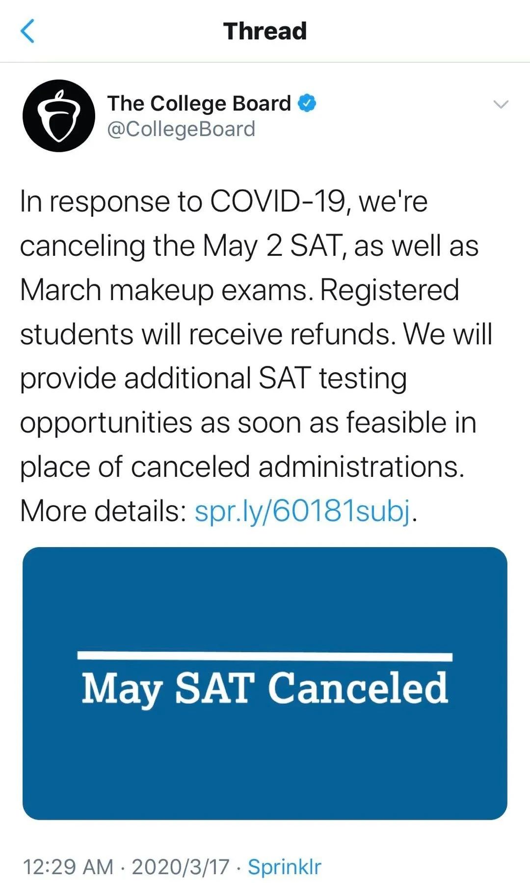 【考试通知】突发！CollegeBoard官宣5月SAT考试取消！
