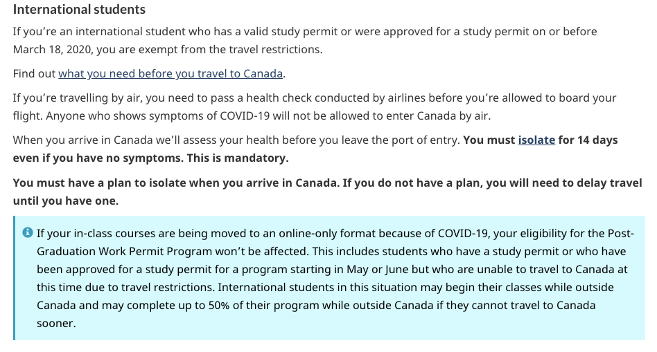 加拿大暂停非必要旅行的签证审理, 学生签证不受影响！