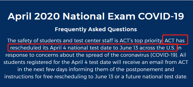 美国4月4日ACT考试将推迟至6月13日进行
