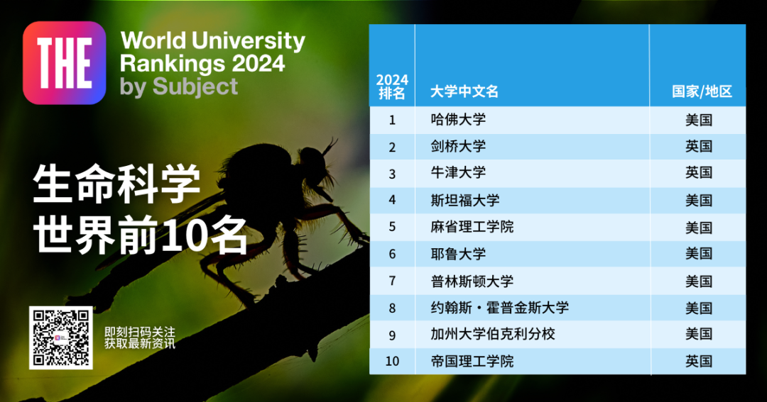 2024泰晤士高等教育世界学科排名发布！英美11个学科位居榜首